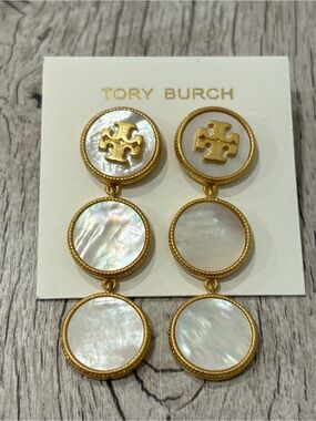 Tory Burch Gold and Mother-of-Pearl Triple Disc Drop Earrings